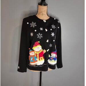 Vintage sport elle snowman winter cardigan button front black embroidery L